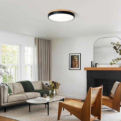 Modern Dimmable Wood Ceiling Light, Black Round LED Flush Mount Ceiling Lighting Fixtures, Minimalist Ceiling Lamp for Kitchen Bedroom Laundry Room Living Room Entryway Hallway&15.74 in