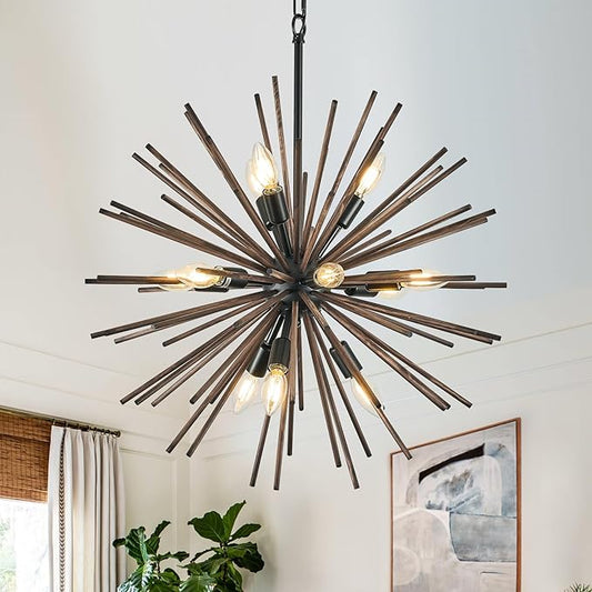 Black Wood Sputnik Chandeliers 12 Light Starburst Chandelier Light Fixture Solid Wood Farmhouse Satellite Light Fixture for Dining Room Bathroom Entryway Kitchen Island Bedroom 24in