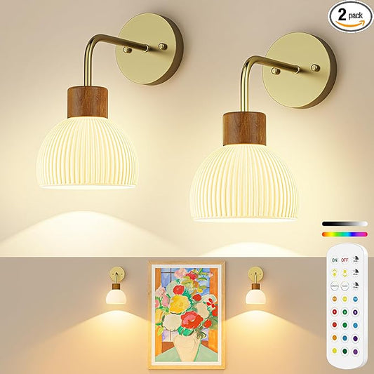 Glass Battery Operated Wall Sconces Set of 2, Rechargeable Wall Lamp with Remote, 12 Colors Dimmable Wireless Sconces Wall Decor Set of 2 with Timer for Bedroom Living Room (Gold, 2 Pack)