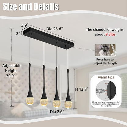 ykolupty Dining Room Light Fixture 4-Light Black Kitchen Island Lighting Industrial Linear Crystal Chandeliers for Dining Room Pendant Light Fixture for Living Room Hallway Bedroom