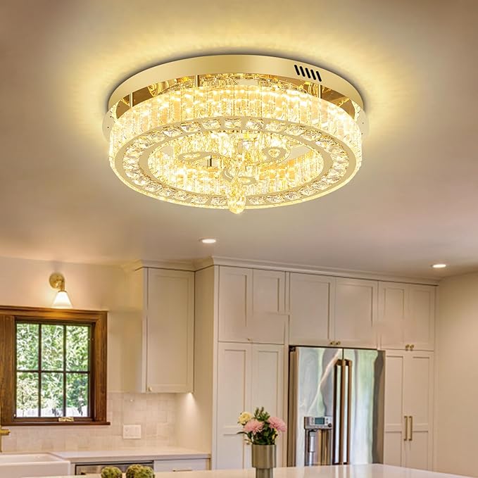 20'' Gold Modern Crystal Chandelier LED Dimmable Flush Mount Crystal Ceiling Light for Living Room Bedroom Dining Room