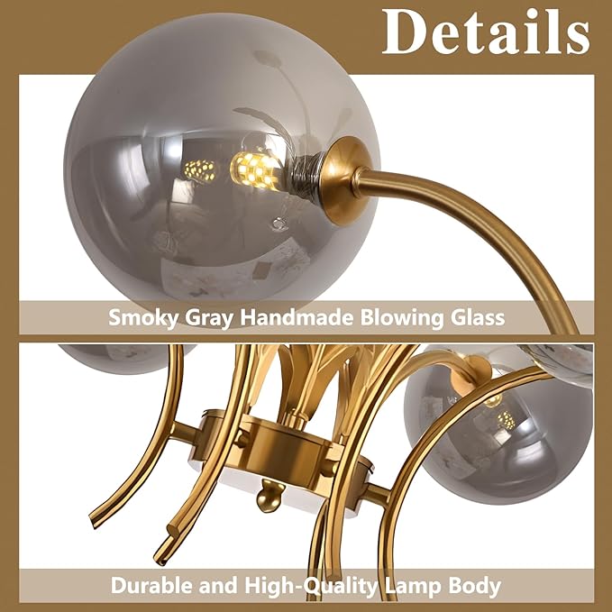 BOKT Gold Sputnik Chandelier Mid Century Smoky Gray Glass Chandelier Light Leaf 6-Light Adjustable Ceiling Hanging Light Fixture Globe LED Pendant Lighting for Kitchen Living Room Hallway Bedroom