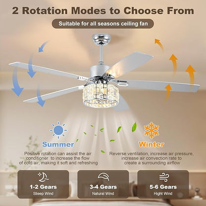 Chandelier Ceiling Fans with Lights and Remote,Caged Ceiling Fan with Light,App 5 Blades E26 Fandelier Ceiling Fans with Lights,Crystal Ceiling Fan for Bedroom,Living Room. (Nickel, 60 Inch)