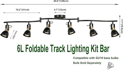 6 Light Foldable Track Lighting Kit,Matt Black Brass Finish Adjustable with Moden Ceiling Flush Mount Spotlight for Kitchen,Dining,Living Room,Home Improvement
