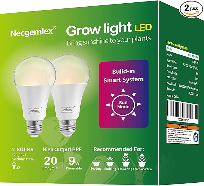 LED Grow Light Bulbs, Sun Mode Auto Dimming, 4500K, A19/A60 E26/E27 9W Full Spectrum Grow Bulbs for Indoor Plants, 2 Pack