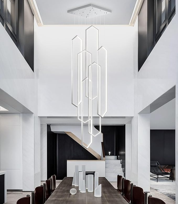 6 Rings Modern Chandelier LED Dimmable Long Large High Ceiling Chandelier Adjust Flush Mount Ceiling Light for Entrance Foyer Lobby Staircaes