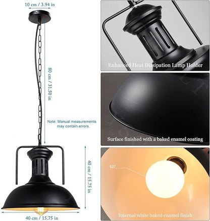 Vintage Industrial Pendant Lights E26 Retro Metal Hanging Lights, Farmhouse Hanging Lamp for Restaurant Kitchen Island Black 40 cm (Bulb not Included)