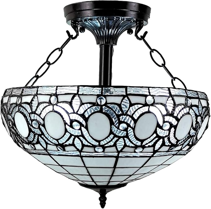 Tiffany Style Hanging Lamp Semi Flush 16" Wide Stained Glass White Antique Vintage Light Decor Restaurant Game Living Dining Room Kitchen Gift AM230HL16B Amora Lighting