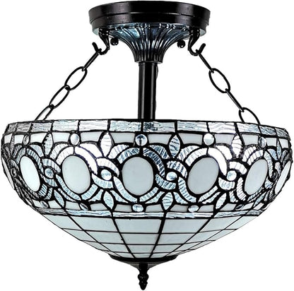 Tiffany Style Hanging Lamp Semi Flush 16" Wide Stained Glass White Antique Vintage Light Decor Restaurant Game Living Dining Room Kitchen Gift AM230HL16B Amora Lighting