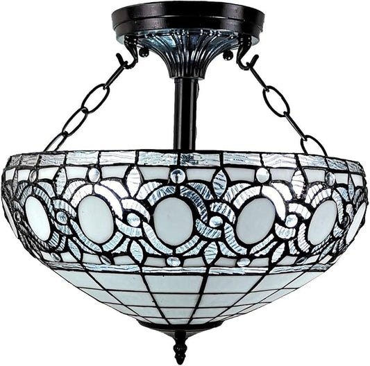 Tiffany Style Hanging Lamp Semi Flush 16" Wide Stained Glass White Antique Vintage Light Decor Restaurant Game Living Dining Room Kitchen Gift AM230HL16B Amora Lighting