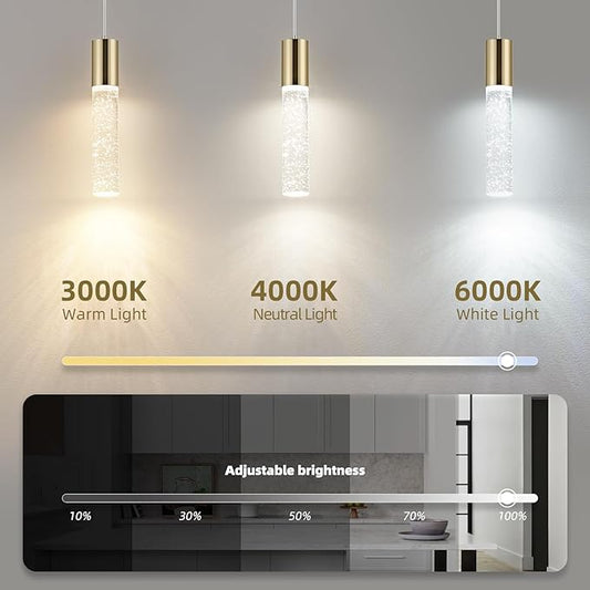 OKELI Modern Pendant Light,3 Color LED Bubble Crystal Island Light Fixtures,Gold Mini 3CCT Pendant Lighting for Kitchen Island,Bar,6W,3000-6000K,ETL(3 Pack