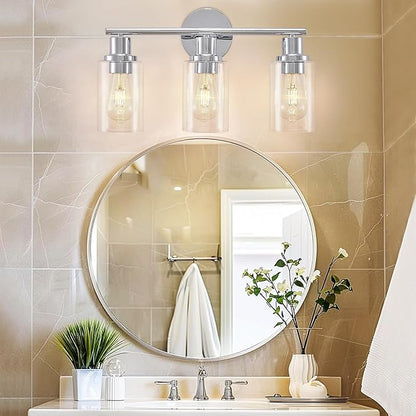 DLLT 3-Light Bathroom Light Fixtures: Chrome Modern Vanity Lights with 3 E26 Bulbs - Clear Glass Shade Bathroom Wall Lamp for Mirror Kitchen Living Room Hallway Cabinet Porch