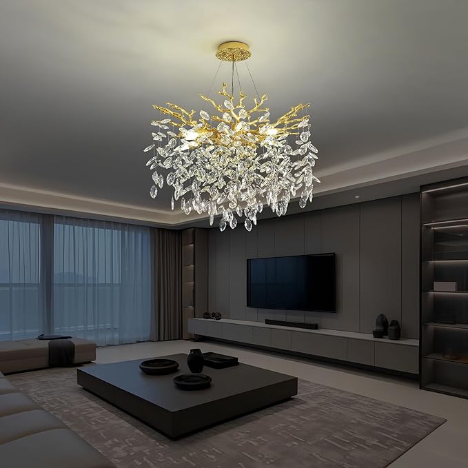 Modern Crystal Tree Branch Chandelier, D23.7'' Round Gold Raindrop Indoor Hanging Ceiling Lighting Fixture for Dining Room Living Room Bedroom Foyer 8 Lights