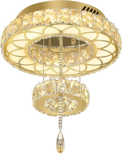 Flashing God Dia 12" Crystal Mini Chandelier Crystal Gold Ceiling Light Fixtures LED Flush Mount Ceiling Light for Living Room Bedrooms Dining Room Dimmable 2700k 4500k 6000k