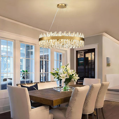Modern Brass Gold Crystal Chandelier Lights, Round K9 Crystal Raindrop Chandelier, Pendant Ceiling Light Fixtures for Dining Living Dining Room Bedroom, Diameter 30 inches