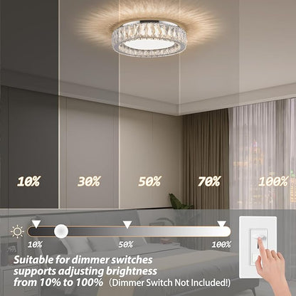 15 Inch Modern Chrome Crystal Flush Mount Chandelier,Dimmable LED 5CCT 3000K-6000K 36W,Large Round Luxury Close to Ceiling Light Fixtures for Living Room,Bedroom,Kitchen,Dining Room