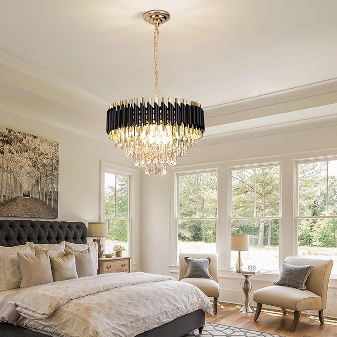 FRIXCHUR Modern Crystal Chandelier 20" Black Flush Mount Led Crystal Ceiling Light 4 Tiers Raindrop Crystal Pendant Light Led Chandelier for Bedroom Dining Room Entryway E12*7(Exclud Bulbs)