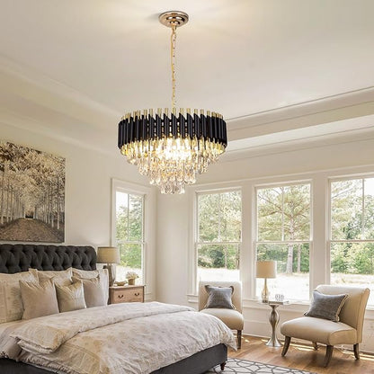FRIXCHUR Modern Crystal Chandelier 20" Black Flush Mount Led Crystal Ceiling Light 4 Tiers Raindrop Crystal Pendant Light Led Chandelier for Bedroom Dining Room Entryway E12*7(Exclud Bulbs)