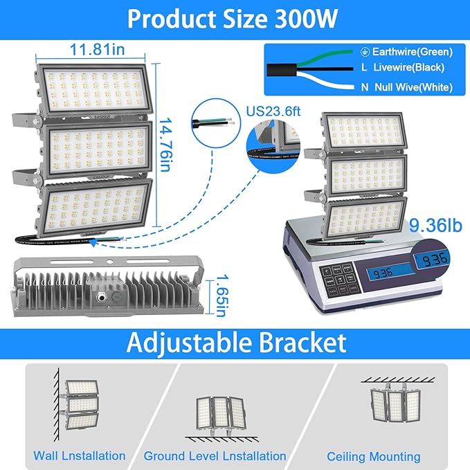 LED Flood Light Outdoor, Led Stadium Lights Super Bright Security Lights 300W, 39000Lumen, Surge 6KV, IP67 Waterproof, 6500K Daylight White