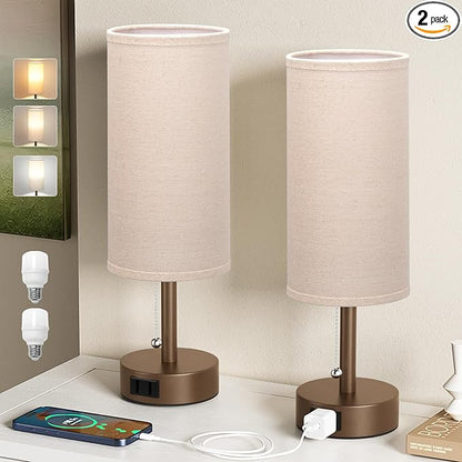 Fenmzee Brown Bedside Table Lamps Set of 2-3 Color Temperatures Pull Chain Lamp with AC Outlet Charging Port, Small Round Night Stand Lamps for Bedroom, Bed Side Light with E26 LED Bulbs