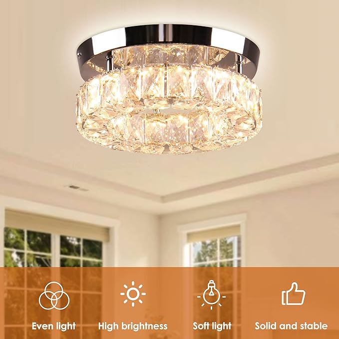 9.8" Modern Mini LED Crystal Chandelier Round Crystal Ceiling Light Flush Mount Light Fixture Small Ceiling Light for Hallway Foyer Kitchen Closet Warm White