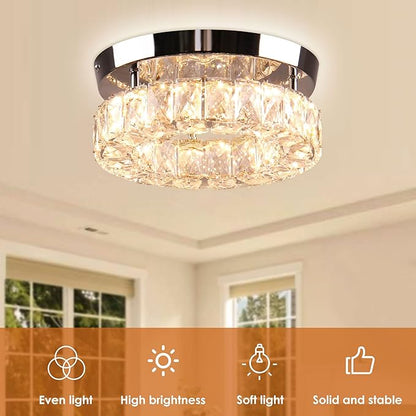9.8" Modern Mini LED Crystal Chandelier Round Crystal Ceiling Light Flush Mount Light Fixture Small Ceiling Light for Hallway Foyer Kitchen Closet Warm White