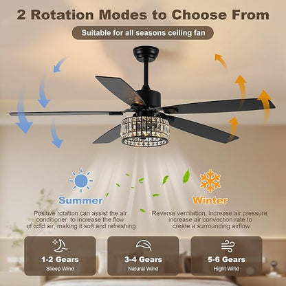 Chandelier Ceiling Fans with Lights and Remote,Caged Ceiling Fan with Light,App 5 Blades E26 Fandelier Ceiling Fans with Lights,Crystal Ceiling Fan for Bedroom,Living Room. (Black, 60 Inch)