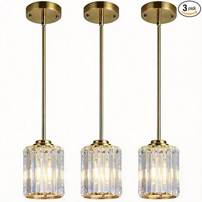 3 Pack Crystal Pendant Lights Kitchen Island, Adjustable Hight Modern Gold Mini Chandelier, Ceiling Hanging Light Fixtures, Lamparas Colgantes for Kitchen Hallway Dining Room Bedroom