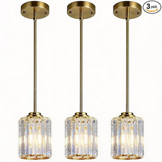 3 Pack Crystal Pendant Lights Kitchen Island, Adjustable Hight Modern Gold Mini Chandelier, Ceiling Hanging Light Fixtures, Lamparas Colgantes for Kitchen Hallway Dining Room Bedroom