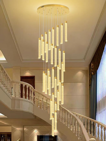 177'' Long Crystal Column Chandelier Gold 30-Lights Extra Large High Ceiling Chandelier Dimmable Pendant Lighting Staircase Foyer Entryway Light Source is Replaceable