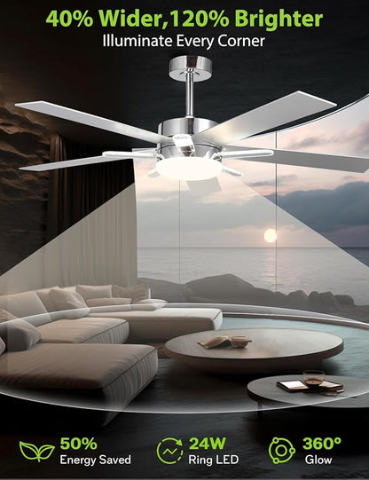 52-Inch DC Motor Ceiling Fan with LED Light and Remote, 5 Silver Plywood Blades, Reversible, Chrome Finish, 3 Color Temperatures, Dimmable Lighting, Energy Efficient Indoor Ceiling Fan