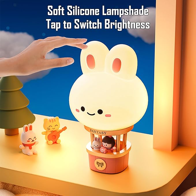 Hot Air Balloon Rechargeable Night Light, Safe Soft Silicone Material, 3 Brightness Levels, Tap Control, Warm Light, Toddler Sleeping Lamp, Bedroom Night Lamp, Gift for Baby and Kid (Bunny)