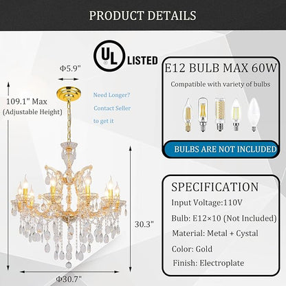 Modern Crystal Chandelier, Maria Theresa Crystal Chandelier 10 Lights Luxury Gold Chandelier Lighting Fixture for Dining Room, Living Room, Bedroom, Kitchen Island, Foyer