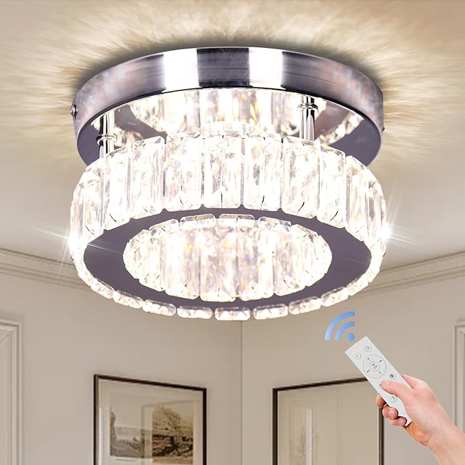 7.8" Crystal Chandelier Modern LED Mini Flush Mount Ceiling Light Fixtures Dimmable with Remote K9 Crystal Round Small Chandeliers for Hallway Bedroom Kitchen
