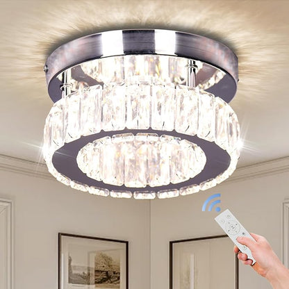 7.8" Crystal Chandelier Modern LED Mini Flush Mount Ceiling Light Fixtures Dimmable with Remote K9 Crystal Round Small Chandeliers for Hallway Bedroom Kitchen