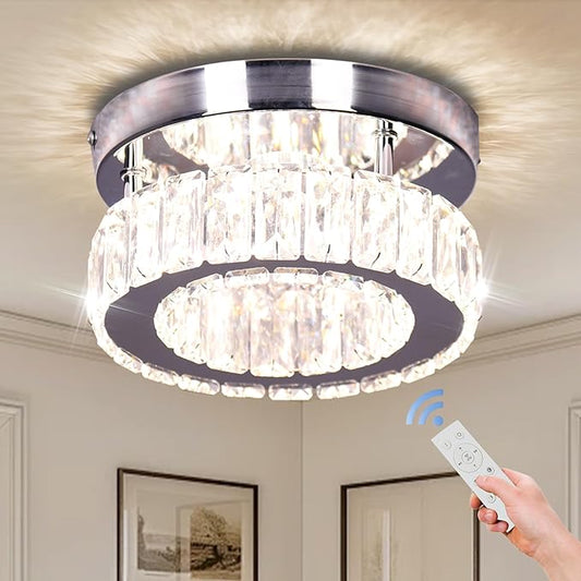 7.8" Crystal Chandelier Modern LED Mini Flush Mount Ceiling Light Fixtures Dimmable with Remote K9 Crystal Round Small Chandeliers for Hallway Bedroom Kitchen