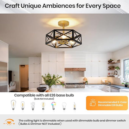 Farmhouse Light Fixtures Ceiling Mount 3-Light E26 Black Gold Semi Flush Mount Ceiling Light Fixture, Industrial Rustic Close to Ceiling Hallway Lights for Bathroom Entryway Kitchen
