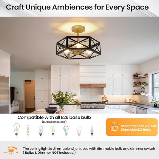 Farmhouse Light Fixtures Ceiling Mount 3-Light E26 Black Gold Semi Flush Mount Ceiling Light Fixture, Industrial Rustic Close to Ceiling Hallway Lights for Bathroom Entryway Kitchen