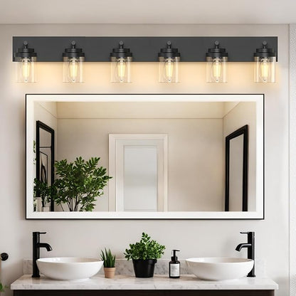 IZORRO Bathroom Vanity Light Fixture, 6-Light 46 Inch Matte Black Bathroom Light Fixtures Over Mirror, with Clear Glass Shade, Modern Farmhouse Vanity Lights, Rustic Restroom Lighting Fixtures