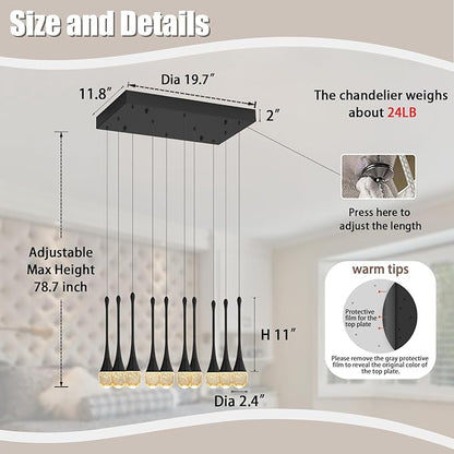 ykolupty Rectangular Chandeliers for Living Room Black Dining Room Lights Fixture Raindrop Pendant Lights Kitchen Island Crystal Chandelier for Staircase Hallway Foyer Entryway