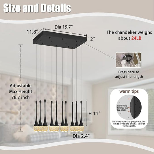ykolupty Rectangular Chandeliers for Living Room Black Dining Room Lights Fixture Raindrop Pendant Lights Kitchen Island Crystal Chandelier for Staircase Hallway Foyer Entryway