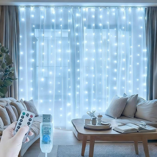 Fairy Curtain Lights, 300 LED Upgraded Tangle-Free Hanging Lights with Remote, USB Plug in String Lights for Bedroom Wall Window Wedding Party Xmas Home Décor - 9.8 x 9.8 Ft, Cool White