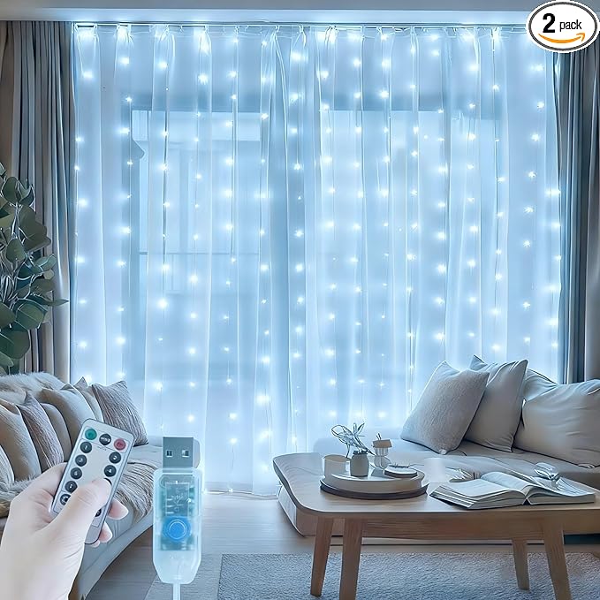 2 Pack Fairy Curtain Lights, 300 LED Upgraded Tangle-Free Hanging Lights with Remote, USB Plug in String Lights for Wall Window Wedding Party Xmas Home Décor - 9.8 x 9.8 Ft, Cool White