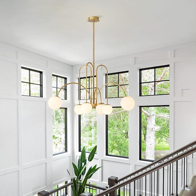 Mid Century Modern Brass Sputnik Chandelier 6-Lights Milk Glass Globe Pendant Light Fixture Nordic Gold and White Chandelier Ceiling Light for Kitchen Island Dining Room
