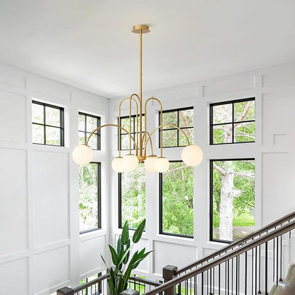 Mid Century Modern Brass Sputnik Chandelier 6-Lights Milk Glass Globe Pendant Light Fixture Nordic Gold and White Chandelier Ceiling Light for Kitchen Island Dining Room