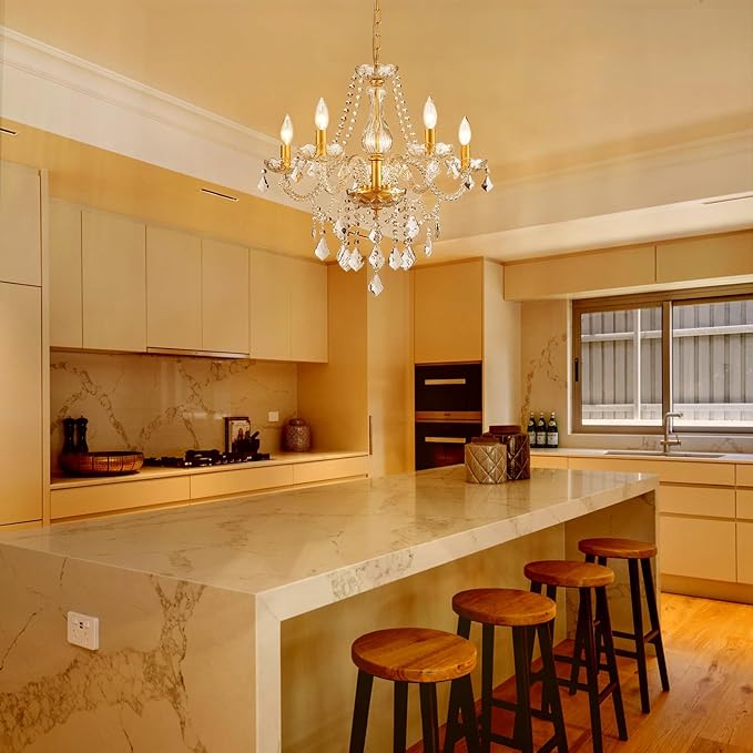 Gold Candle Crystal Glass Dining Room Chandelier 5-Light Pendant Ceiling Lighting Fixture for Kitchen Hallway Living Room Bedroom Bar Closet, Luxury Contemporary Elegant Lamp, 23 Inch