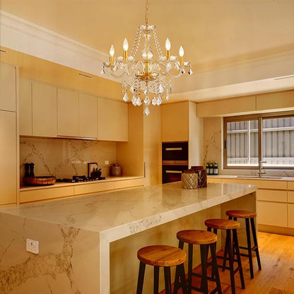 Gold Candle Crystal Glass Dining Room Chandelier 5-Light Pendant Ceiling Lighting Fixture for Kitchen Hallway Living Room Bedroom Bar Closet, Luxury Contemporary Elegant Lamp, 23 Inch