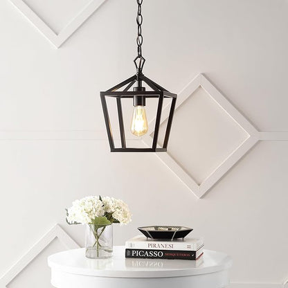 JONATHAN Y 8" Oil Rubbed Bronze Lantern Pendant Light, 1-Light Pagoda Style Metal Cage Farmhouse Hanging Ceiling Fixture for Kitchen Island, LED Bulb Included JYL7618A