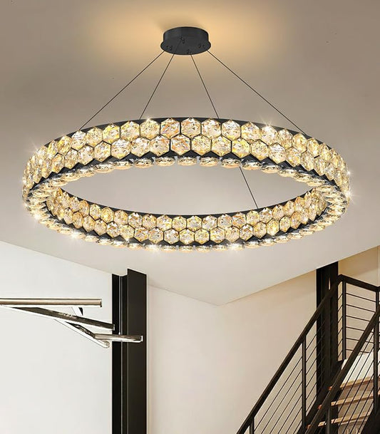 Modern Ring Chandelier Crystal Chandeliers for Dining Room Round Ceiling Light Fixture for Living Room Bedroom Lighting LED Dimmable with Remote Ring Lights Black