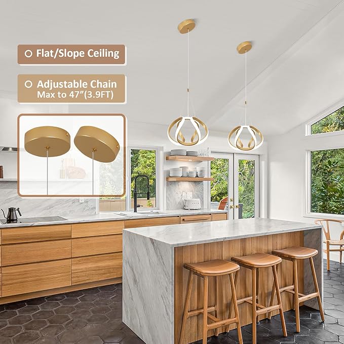 CANEOE Modern Led Pendant Light, 5500K Gold Led Pendant Lights Kitchen Island, Adjustable Height LED Hanging Light Fixtures for Dining Room Bedroom Kitchen Island Pendant Lighting,1 Pack